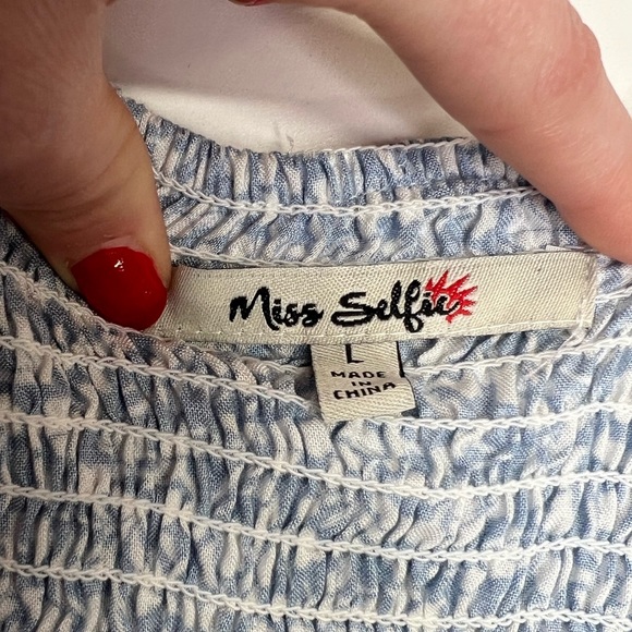 Blue Smocked Ruffle Neckline Shirred Blouse Size Large By Miss Selfie - Picture 2 of 10